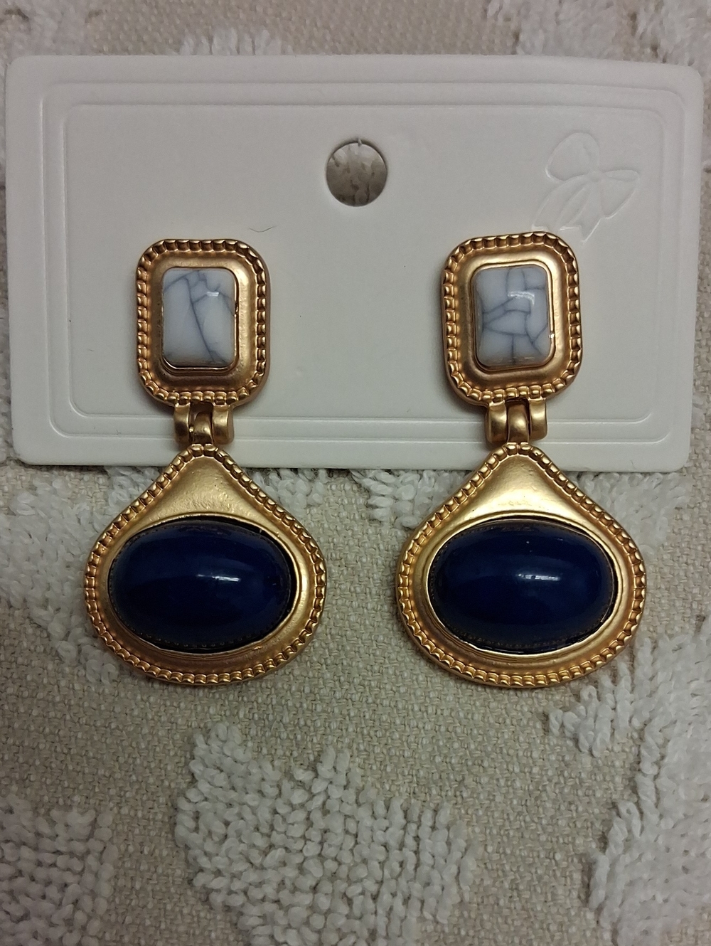Matte Gold-Tone Door Knocker Earrings with Blue and White Stones